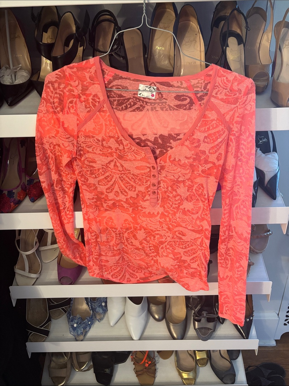 Free People Women's Coral Lace-Pattern Henley Top